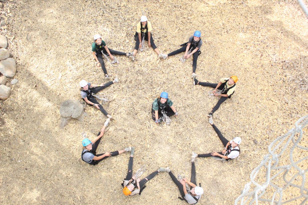 Campers are photographed from above sitting in a star shape